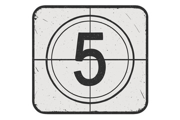 Old film countdown frame with the number five. Retro movie timer count for cinema screening start. Vintage filmstrip projector reel. Vector isolated on transparent background.