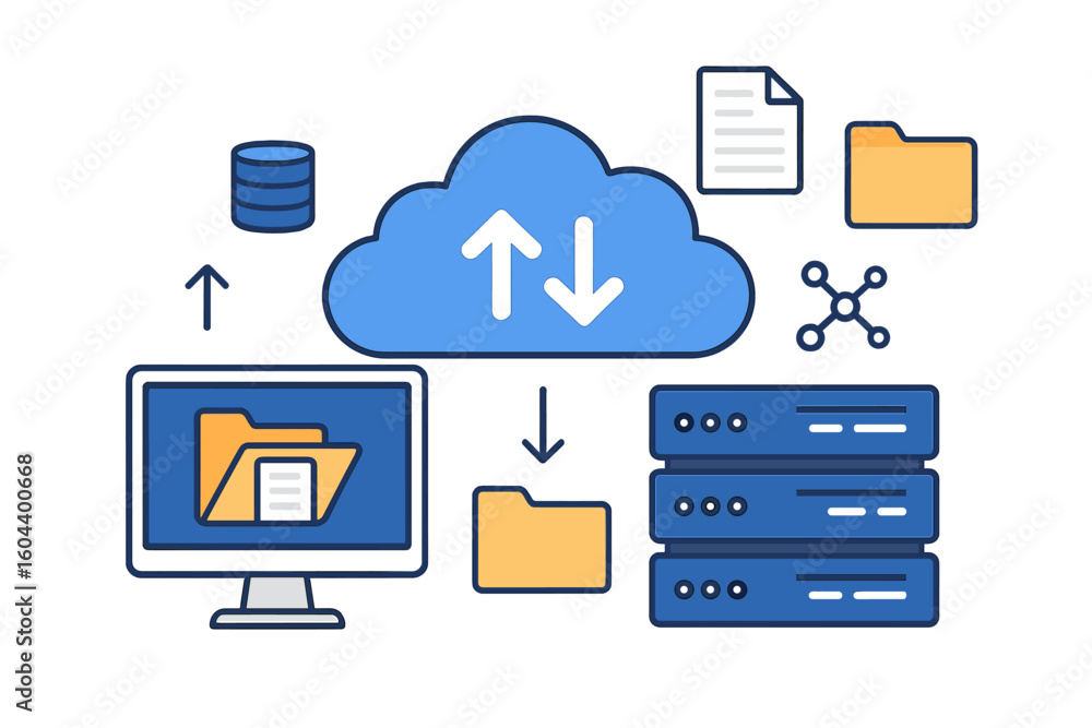 Poster cloud computing service concept. online data storage and web hosting. server, database and file mana