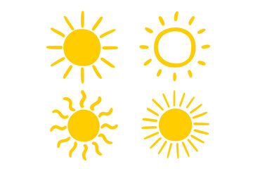 Set of 4 Hand Drawn Sun Icons Collection. Summer Sun Symbol, Yellow Sunlight Illustrations, Sketchy Sunburst Elements for Logo, Weather, Nature Decor, Sunshine Clipart Vector Set