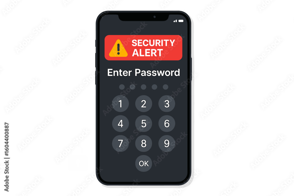 Poster smartphone security alert for password access. mobile phone protection technology for user authoriza