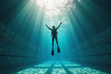 Freedom and exploration underwater with a scuba diver rising toward sunlight in a swimming pool filled with rays of light