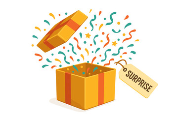 Opened gift box with confetti explosion. Surprise present for a birthday or celebration event. Vector illustration template design with a tag for a discount, sale, or winner prize.