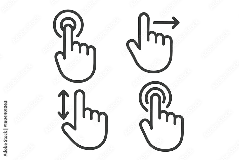Poster Hand Gesture Touch Screen Interface Icons. Tap Click Swipe Scroll Motion Symbol Set. Simple Finger Gesture UI Controls, Mobile Device Touchscreen Interaction, Line Art Vector Isolated Illustration.