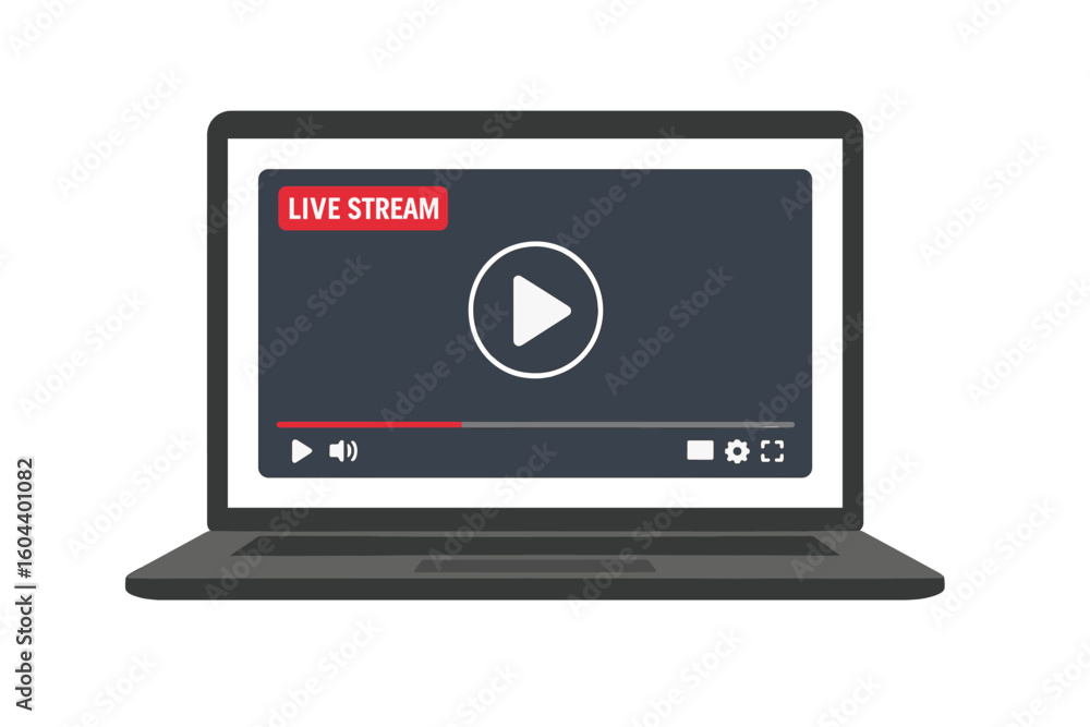 Poster laptop with live stream video player on screen. computer notebook mockup with online movie, educatio