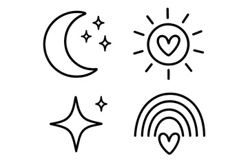 Celestial icon set with doodle moon, sun, star, and rainbow. Simple black line drawing with heart. Cute minimalist vector art for logo, sticker, or tattoo design.