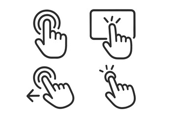 Hand Gesture Touch Screen Icons Vector. Finger Tap, Touch, Click, Swipe Motion Symbols. User Interface Navigation Instructions. Mobile Tablet Touch Gestures. Digital Device Control Concept.