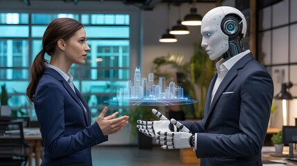 Woman and robot in suits discussing holographic city design in modern office environment setting scene