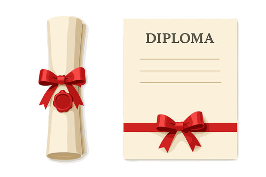 Diploma scroll certificate paper. Rolled and unrolled document with red ribbon bow and wax stamp seal. University degree. College graduation success. Education achievement award.