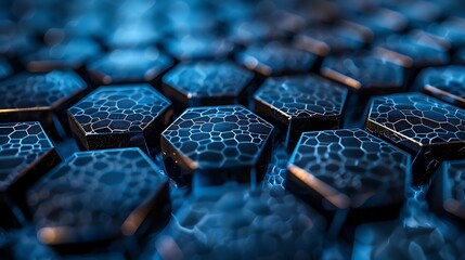 A dark blue abstract background with a geometric hexagon cell structure pattern