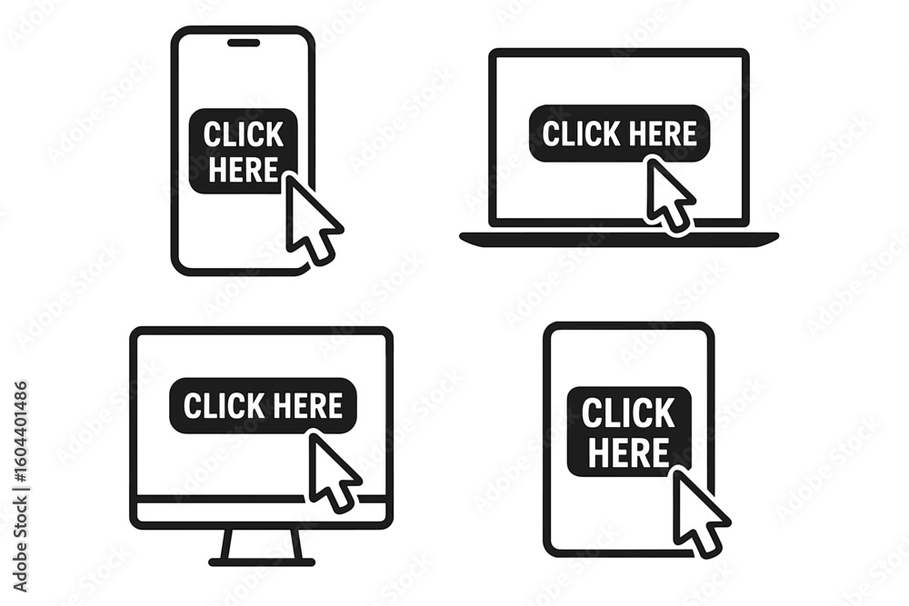 Poster modern device click here button icons set. smartphone, laptop, tablet, desktop computer with click c