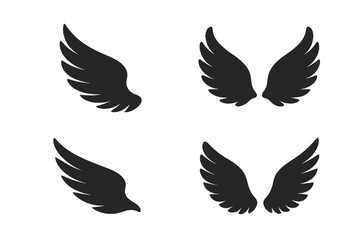 Fototapeta premium Set of 4 Black Wing Silhouette Icons, Bird and Angel Wings, Feathered Wing Elements, Elegant Flight Symbols, Isolated Vector Collection, Decorative Emblem Clipart for Design, Transparent Background