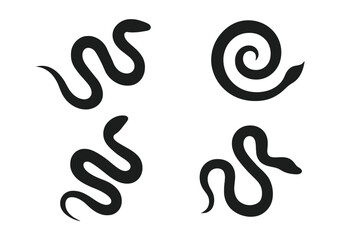 Snake silhouette vector set of 4. Serpent icon collection. Abstract reptile, viper, and cobra shapes for logo, tattoo, or emblem design. Minimalist black animal illustration.