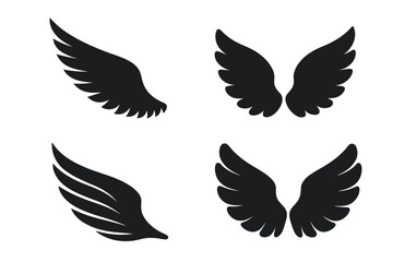 Obraz premium Set of 4 Black Wings Icons, Bird Wings and Angel Wings Vector Elements Collection, Diverse Wing Shapes, Transparent Background, Vector Illustration for Design and Decoration
