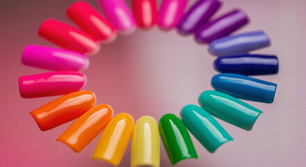 Obraz premium Set of multi colored artificial nails in a circle, with space for text