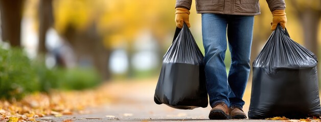 Hand placing a yellow leaf in a black garbage bag during autumn cleanup in a serene park setting amidst the changing season