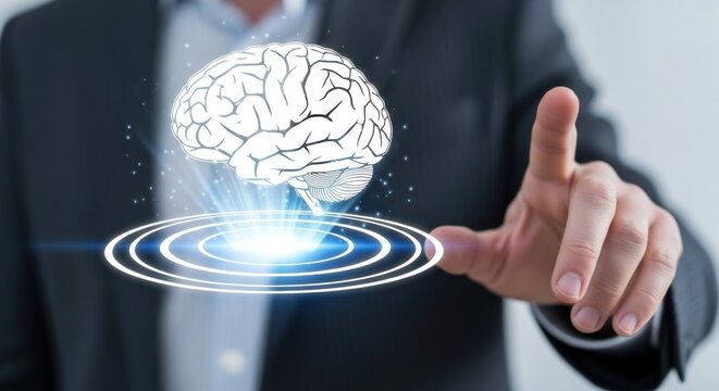 Businessman touching a glowing digital brain hologram, representing intelligence, knowledge, and futuristic technology