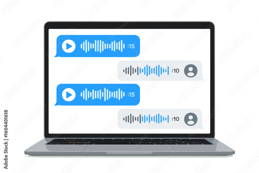 Poster laptop with voice messages on screen. audio message chat bubbles with sound waveform. modern communi
