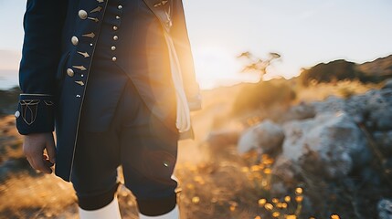 An embroidered charro jacket with silver buttons, bathed in golden sunset light, with marigold flowers softly blurred in the background.