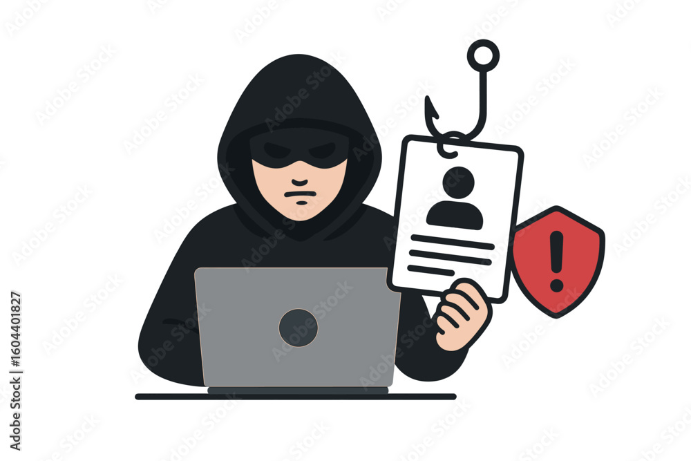 Aufkleber hacker cyber criminal with laptop stealing personal data. phishing attack and web security concept. 