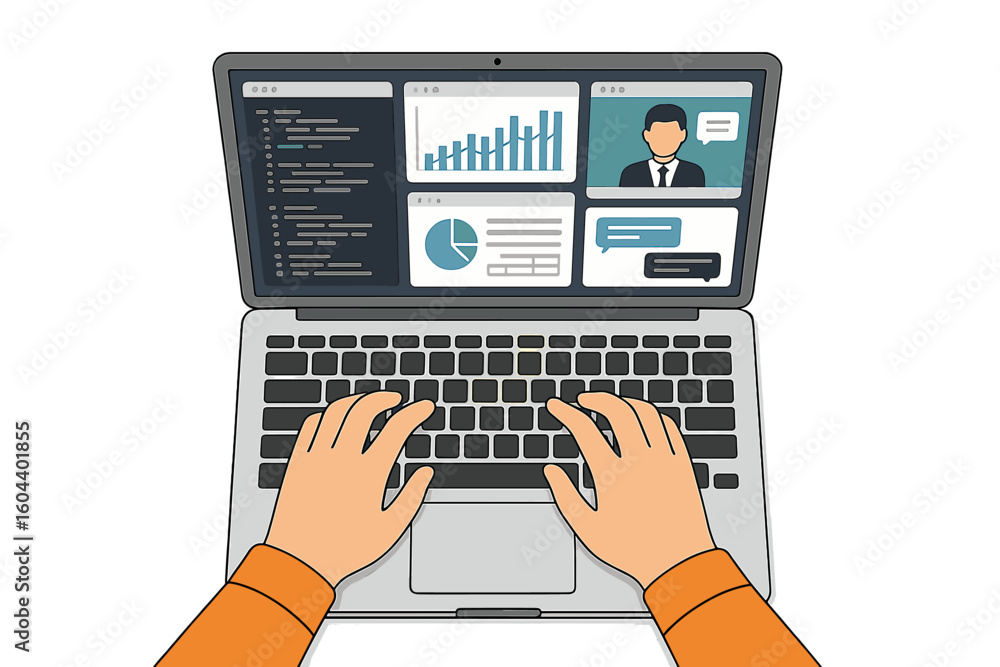 Poster hands typing on laptop keyboard, top view. multitasking at work concept with financial report, data 