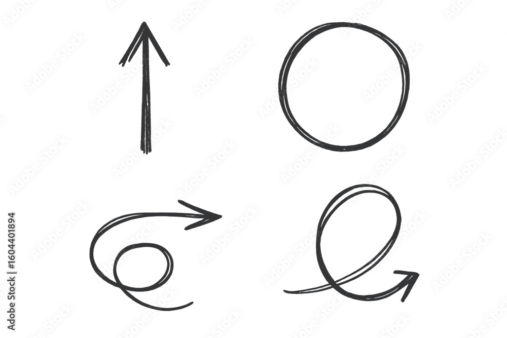 Poster hand drawn arrow icon collection. sketchy doodle marker style vector set of 4. circles, swirls and p