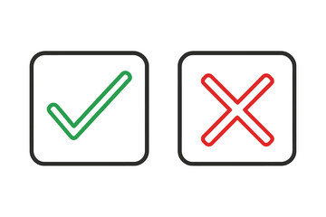 Green tick and red cross vector icons. Check mark and X symbol. Correct and incorrect choice signs. Accept and reject buttons for web. Yes and no checkbox illustration.