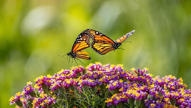 Two monarch butterflies resting on a purple flower bush