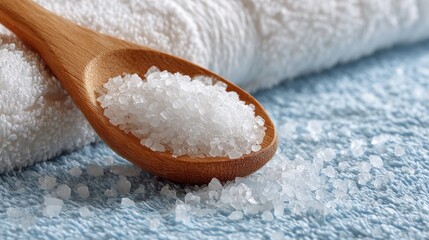 Epsom salt. Wooden spoon with salt on a textured surface beside a towel.