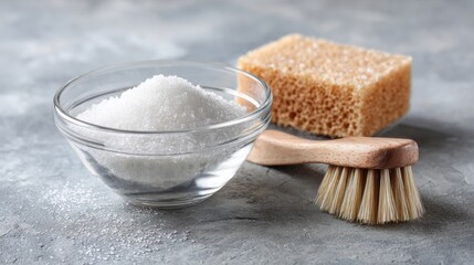 Epsom salt. Bowl of salt with a sponge and brush on a textured surface.