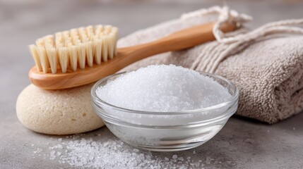 Epsom salt. Spa essentials including a brush, salt, and towel arranged aesthetically.