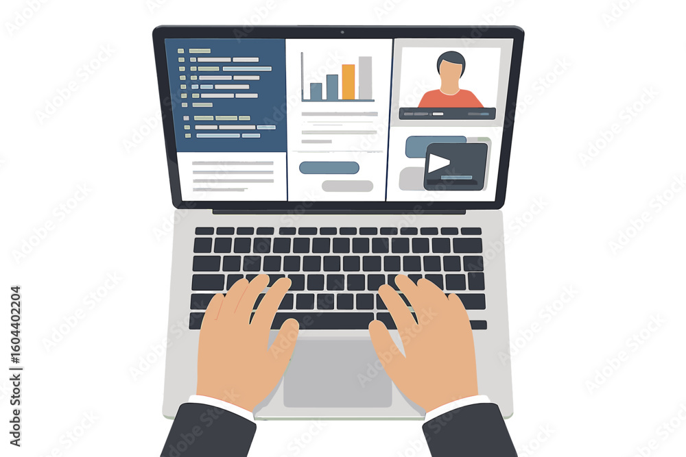 Poster hands typing on laptop. multitasking concept with programming, video conference, financial report an