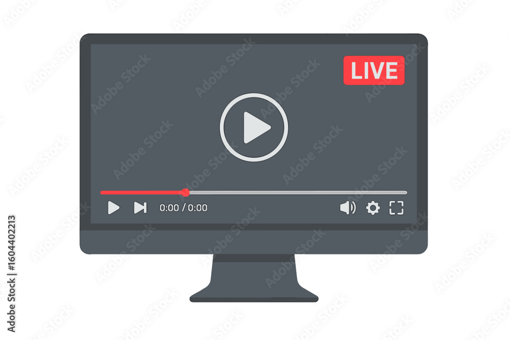 Poster live stream video player interface on a computer monitor screen. online broadcast, webinar, or tutor