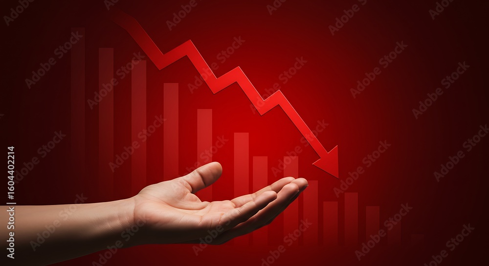 Poster hand open to receive falling stock market graph with red arrow indicating financial decline and rece