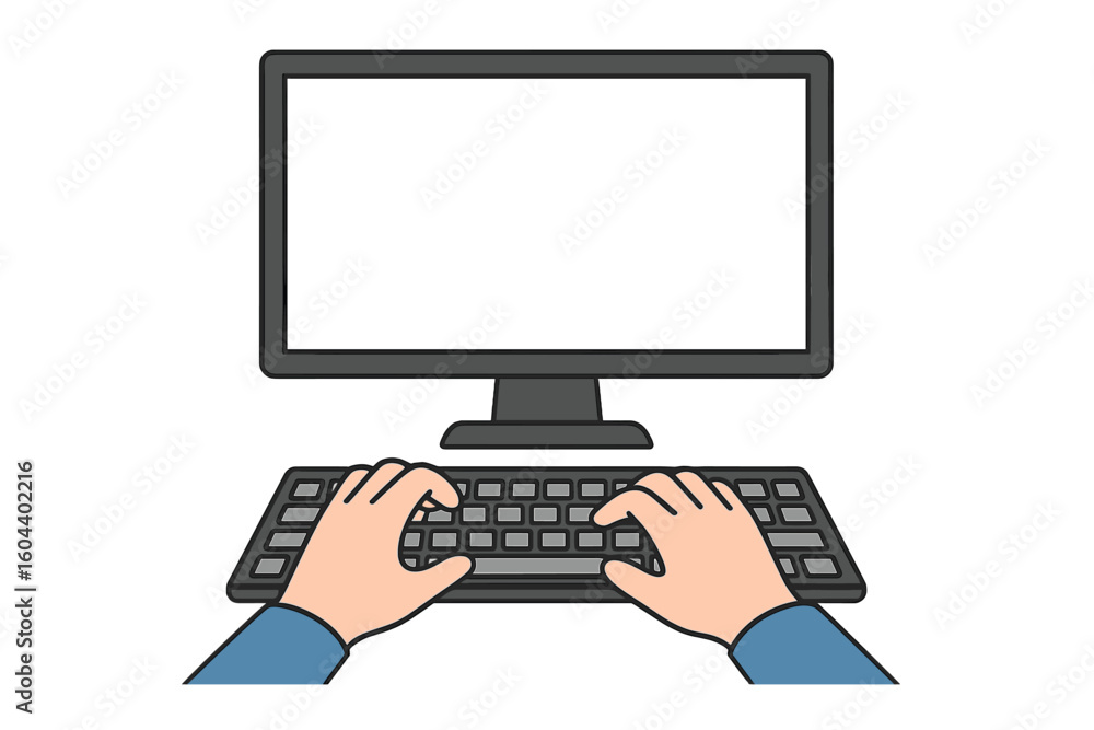 Poster man working on pc vector illustration. person hands typing on computer keyboard. blank monitor scree