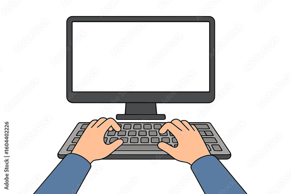 Poster man hands typing on computer keyboard, first person view. blank monitor screen for mockup. concept f