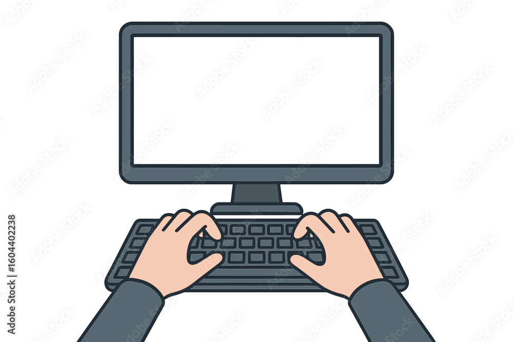 Poster man hands typing on computer keyboard with blank monitor screen. first person view. concept for offi