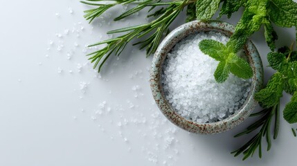 Epsom salt. Bowl of salt with herbs scattered on a light surface.