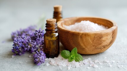 Epsom salt. Natural bath salt with lavender and essential oil in a wooden bowl, creating a soothing spa atmosphere.