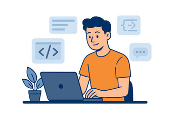 Young man freelancer working on laptop computer. Freelance job concept. Developing programming and coding technologies. Remote work, e-learning, home office, online job.