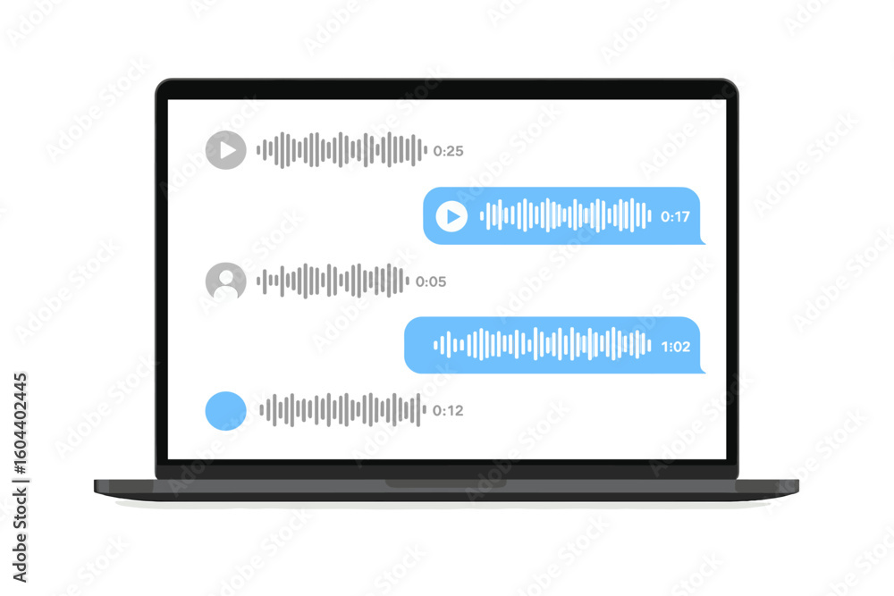 Poster laptop with voice messages on screen. voice and audio messages for modern communication in messenger