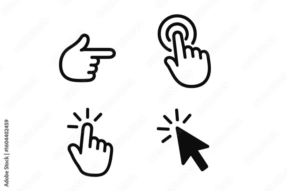Poster Hand cursor and pointer finger clicking icon set. Web button for website or app. Computer mouse arrow symbol. Press, tap, and touch gesture for UI UX interface design.