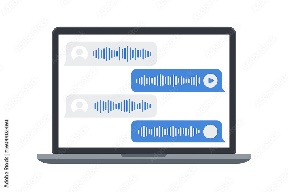 Poster laptop with voice messages on screen. audio message chat conversation in messenger app. modern commu