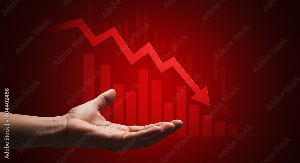 Poster hand open to receive falling stock market graph with red arrow indicating financial decline and rece