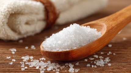 Epsom salt. Salt grains in a wooden spoon beside a soft towel on a rustic wooden surface.