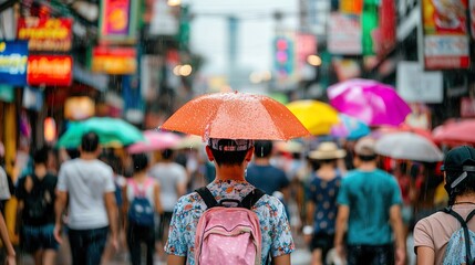 Crowded Khao San Road during Songkran, tourists and locals having a massive water fight, neon lights reflecting on wet streets