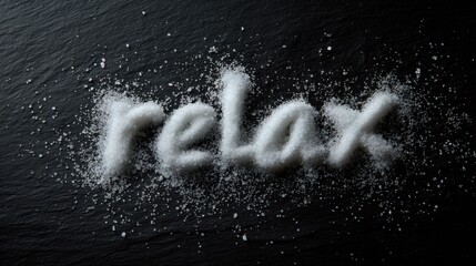 Epsom salt. A playful arrangement of sugar forms the word "relax" on a dark surface.
