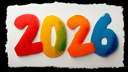 Colorful paper cutout numbers forming 2026 on textured torn-edge background.