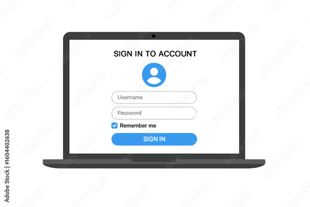 Poster login form on laptop screen for online registration and account access. user authentication with use