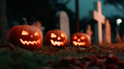 Glowing jack-o'-lantern pumpkins on cemetery ground with fallen leaves and tombstones at night.