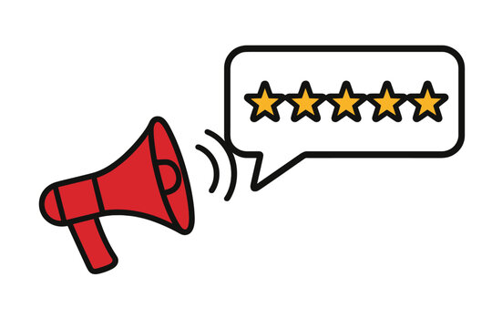 Megaphone with a five star rating speech bubble. Customer review and positive feedback concept. Online reputation, quality service, and user satisfaction for business.